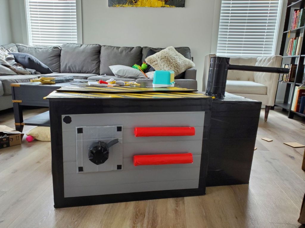 Completed cardboard and duct tape Ghostbusters ghost trap. 