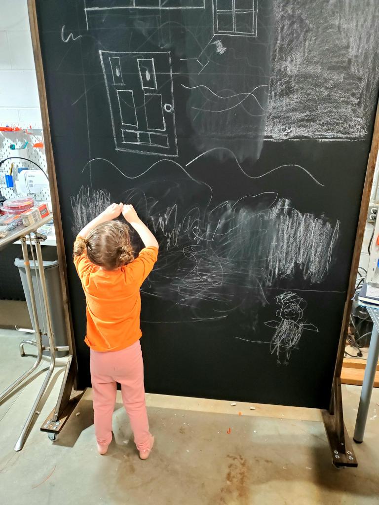 The chalkboard in the workshop. 