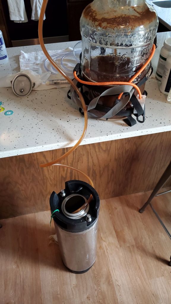 Beer being siphoned into a keg.